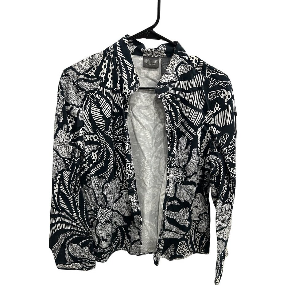 Chicos Additions Black White Floral Print Jacket Long Sleeve Size Medium